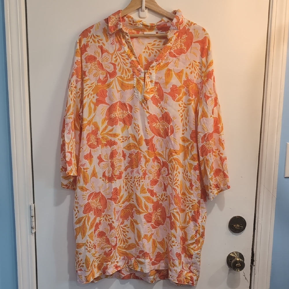 Sigrid Olsen Vibrant Orange And Pink Floral Linen Blend Tunic Dress Size XL